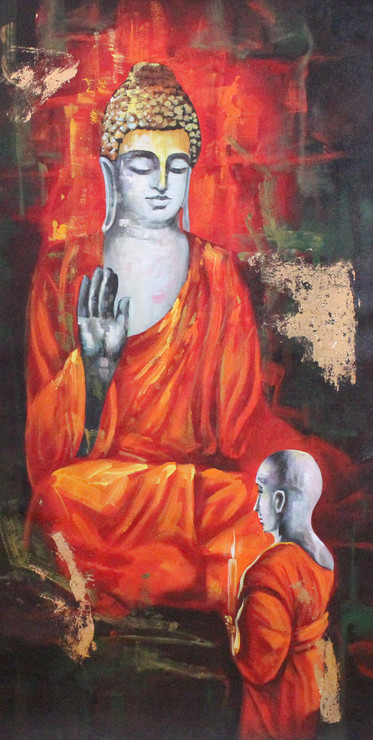 Buddha ,Buddha with monk 02,ART_1522_17405,Artist : Ram Achal,Acrylic