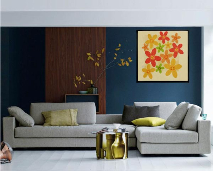 FlowersAndStars - 18in X 18in,25Kid156_1818,Yellow, Brown,45X45 Size,Modern Art Art Canvas Painting