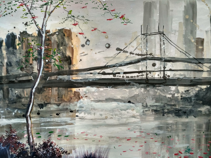 The Urban Bridge (ART_2144_17572) - Handpainted Art Painting - 13in X 9in