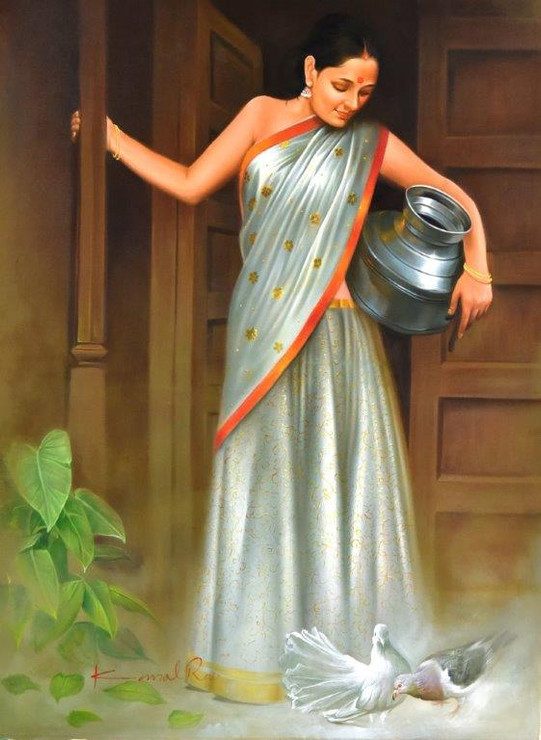 Lady,Doves,pigeons,home scene,saree,white,kamal rao,water,oil on canvas,Lady,ART_640_8911,Artist : Kamal Rao,Oil
