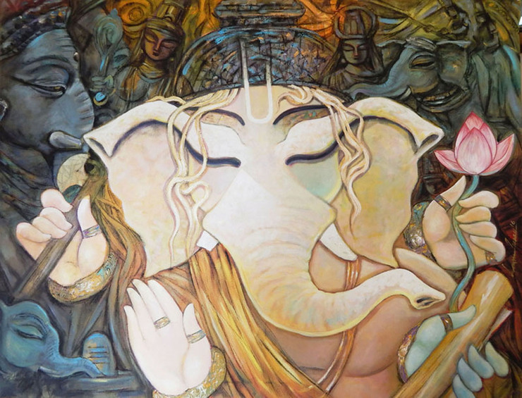 Ganesh, Ganesha, Lord, God, Probhu, Deva, Bhuwanpati, Ekadanta, Durgaputra,BHUWANPATI,ART_1469_17842,Artist : Subrata Ghosh,Acrylic