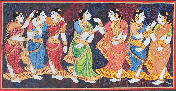 women, south India, traditional, folks,Gossiping women folk,ART_1489_12091,Artist : Radhika Ulluru,Acrylic