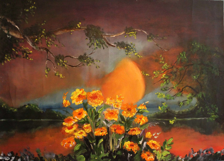 SUNRISE , SUNSET, FLOWER , LEAF , MORNING, DEEP, YELLOW,SUNRISE,ART_2538_18919,Artist : Poonam Art,Oil