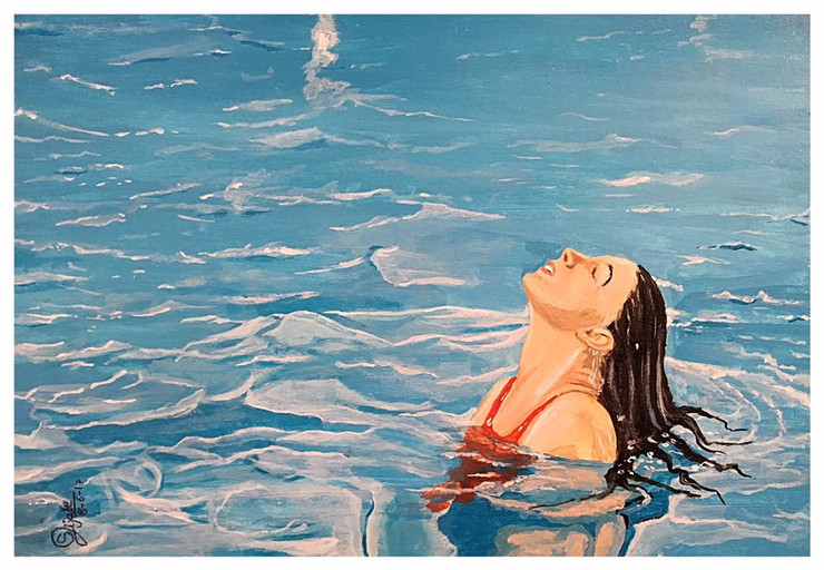 Girl in Water, Lovely Girl,Girl in Swiming Pool,ART_168_18915,Artist : Subhash Gijare,Acrylic