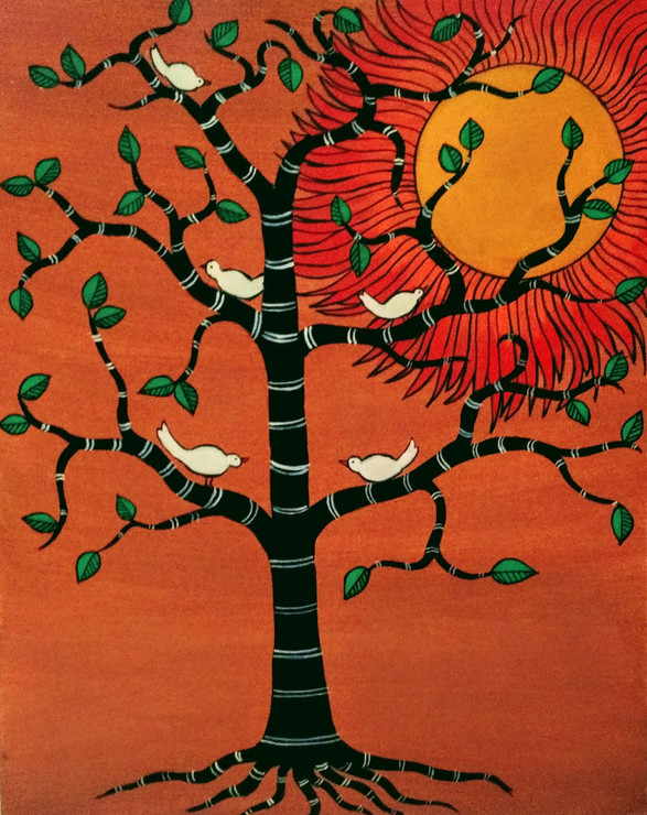 tree,sun,contemporary,folk,Tree of life,ART_571_19081,Artist : Madhavi Sandur,Acrylic