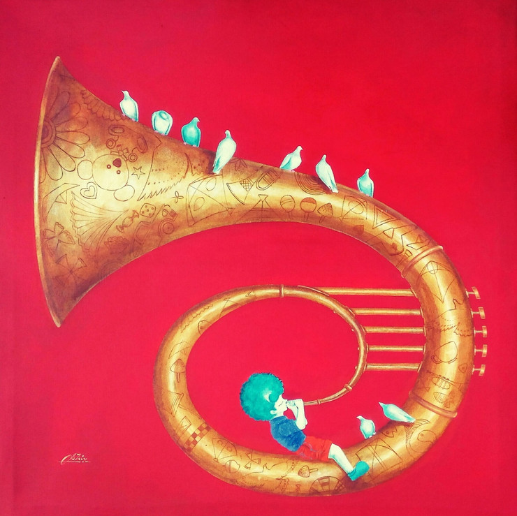 lovehappiness, childhood, memories, innocence, canvas,affordable artwork, indian art,conceptual, treasure, colorful, red,blue, green, nature, clouds,sky,,joy ,Memories of the childhood xi,ART_805_19345,Artist : Shiv kumar Soni,Acrylic