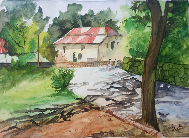 Village, Trees, Forests, Man, Roadway, Walkway, Painting, Beauty, Beautiful, Colourful, Scenic, Pretty,  Colours,TOWN OR CITY?,ART_2709_19568,Artist : Zeel Savla,Water Colors