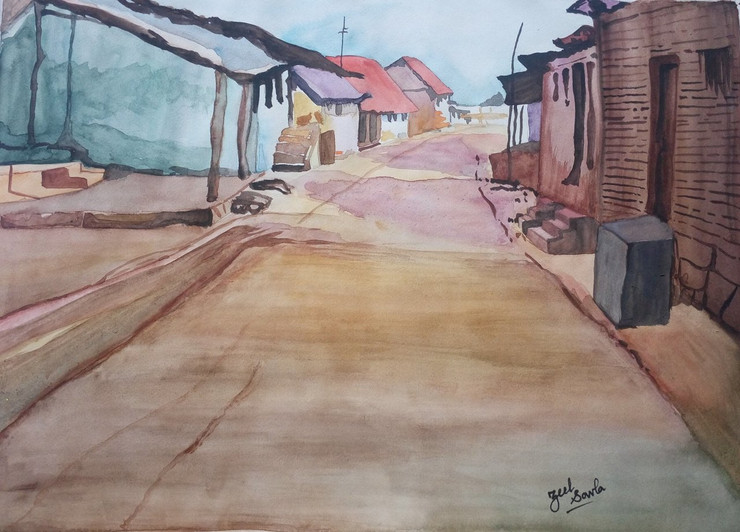 Village, Road, Huts, Small houses, Watercolour, Walkway, Way, Indian, Painting, Beauty, Beautiful, Colourful, Scenic, Pretty,  Colours,HUMBLE AND SERENE,ART_2709_19522,Artist : Zeel Savla,Water Colors