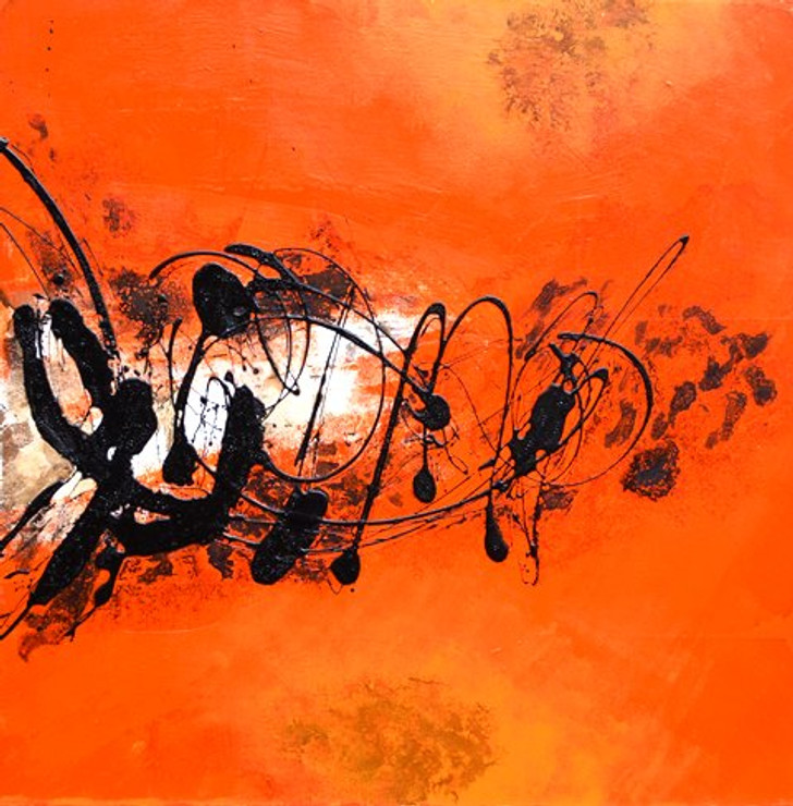 Abstract Art 36 - 39in X 39in (Framed),ART_SYM61_3939,Acrylic Colors, orangre splash, black Stroke work, Colors,Magic of colors,Abstarct art,strokes designs,Community Artists Group,Museum Quality - 100% Handpainted