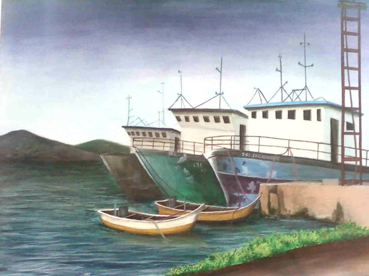 still life, contemporary, realistic, hyperrealistic, seascape paintings, ships, , daily life, ,HARBOUR ,ART_2689_19427,Artist : Ch Divya,Acrylic