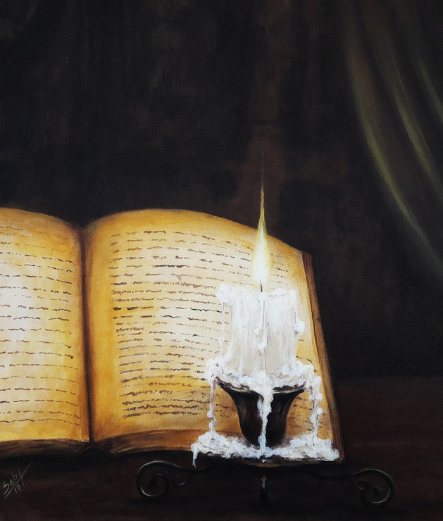 book, reading, knowledge, candle, burning candle, light, source of light, power, devotion,The Lines,ART_464_19687,Artist : Seby Augustine,Acrylic