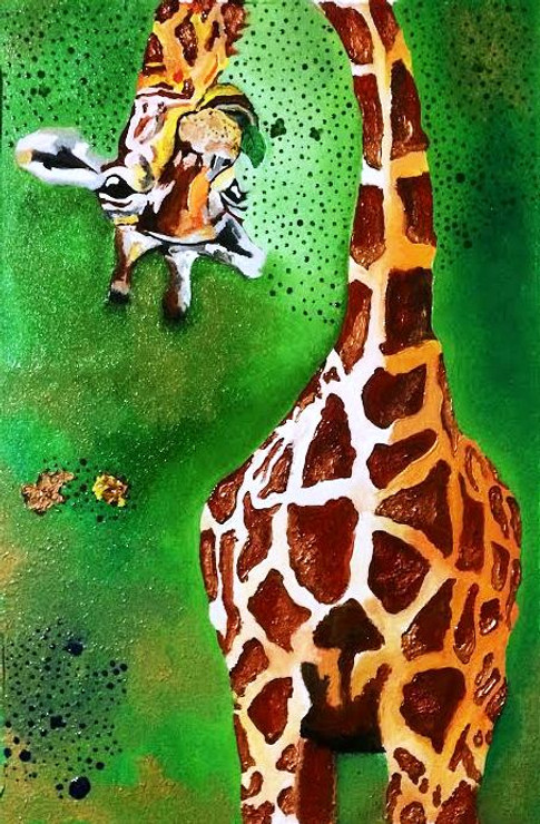 animal, giraffe, green, nature, wildlife, kids, fun, joy, colourful, brown, metallic, shine, bronze, gold, classy, interior, best selling, top selling, sale, discount, demand, famous, portrait, cute, funny, humor, contrast, vibrant, eyes, food, welcome,missmessyartist The Funny Giraffe,ART_1538_19804,Artist : NEHA PATIDAR,Mixed Media