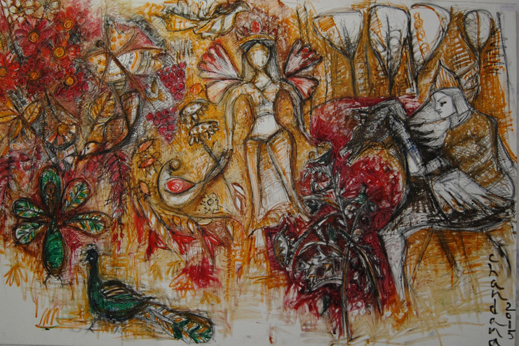 abstract figures trees nature,ENCOUNTER,ART_2860_20064,Artist : Chandana Khan,Oil