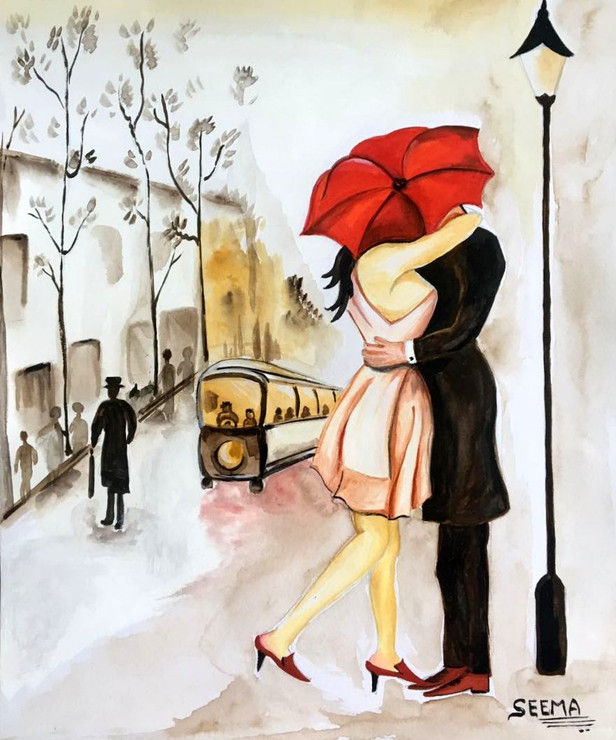 Perfect Date In Rain (ART_2886_20282) - Handpainted Art Painting - 11 in X 12in