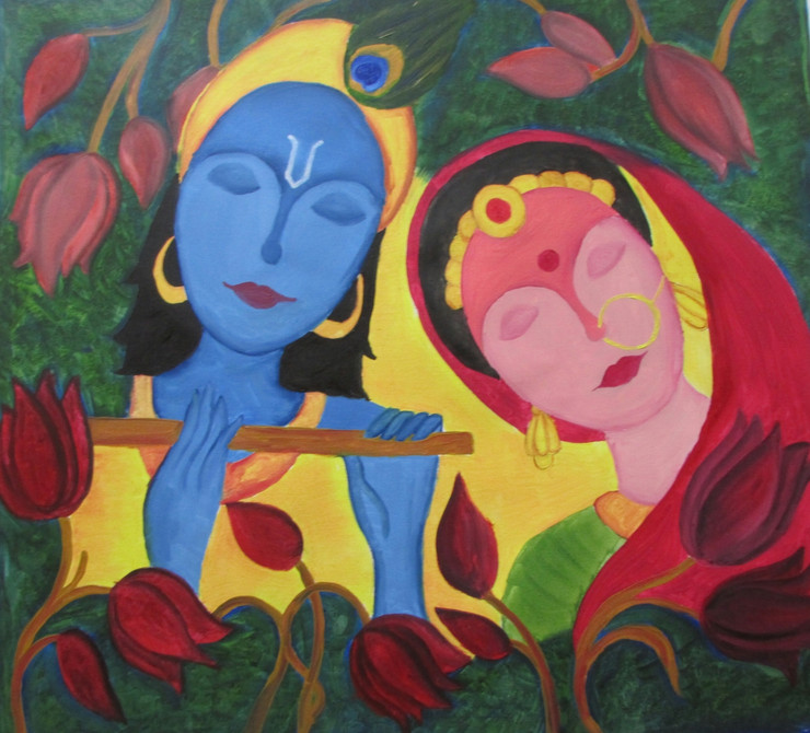 Radha krishna , flute,Krishna and Radha with flute,ART_2333_18730,Artist : Divya Vishvakarma,Oil