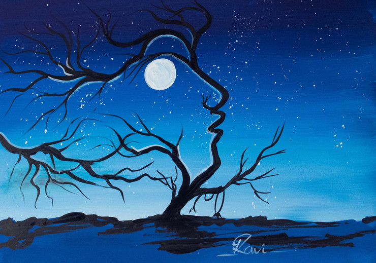 Trees , Silhouette , Moon , Abstract , Acrylic in Canvas , Fashion , Nature , Human , People ,Human Via Nature,ART_2934_20553,Artist : Ravi Viswanathan,Acrylic