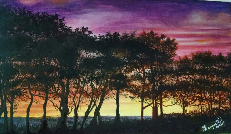 sunset, land, multicolored sky,Far Off LAnd,ART_2393_20627,Artist : Sampeeta Banerjee,Water Colors