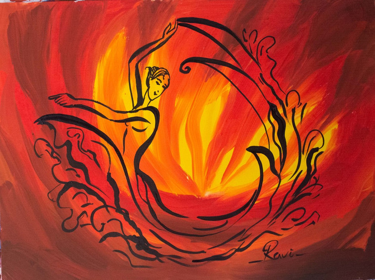 Firedance , fire , Girl , Fe mine , Red , Sun , Courage , Motivation , Confidence  ,Fire Dance,ART_2934_20653,Artist : Ravi Viswanathan,Acrylic