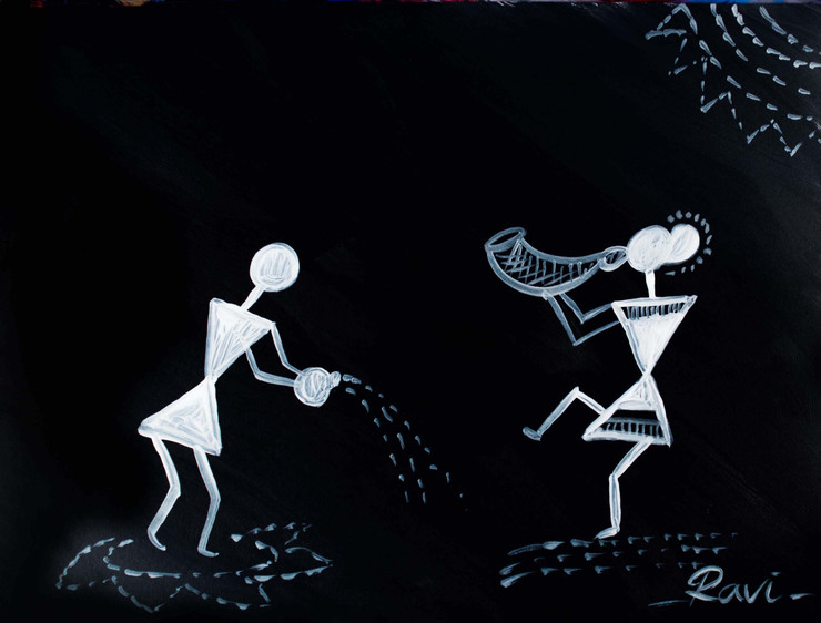 Black and White in Warli (ART_2934_20647) - Handpainted Art Painting - 11in X 8in