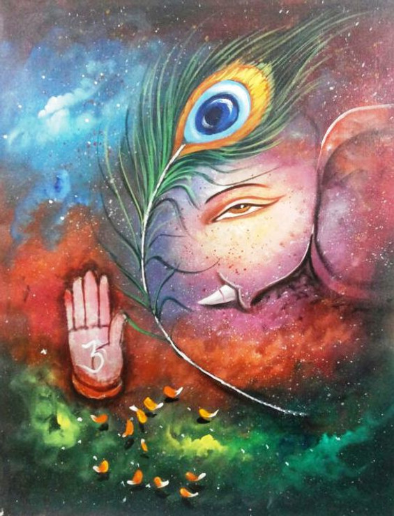 Krishna Ganesh - 24in X 36in,ART_PIJN47_2436,Acrylic Colors,Ganesh,Bappa,Krishna, Artist Pallavi Jain,Museum Quality - 100% Handpainted Buy Paintings Online in India