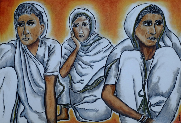 sati, women, realism, India, rural life,sati,ART_3064_20824,Artist : Rekha Divakaran,Pastels