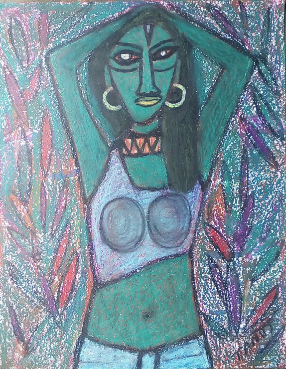 Abstract,women,portrait,modern,figurative,Lady Green,ART_2314_21019,Artist : Tanuj Swarnakar,Pastels
