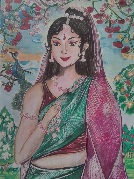 Beautiful lady,The lady with flowers ornament,ART_3162_21193,Artist : Meera Kumari,Poster Colors