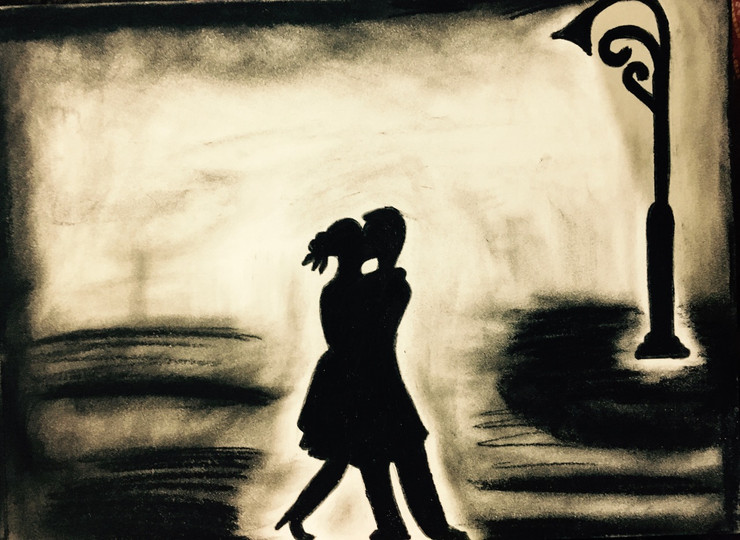 Charcoal, Romance, Abstract, Love, Couples, Night,Two souls,ART_3171_21287,Artist : Pooja Singh Srivastava,Charcoal