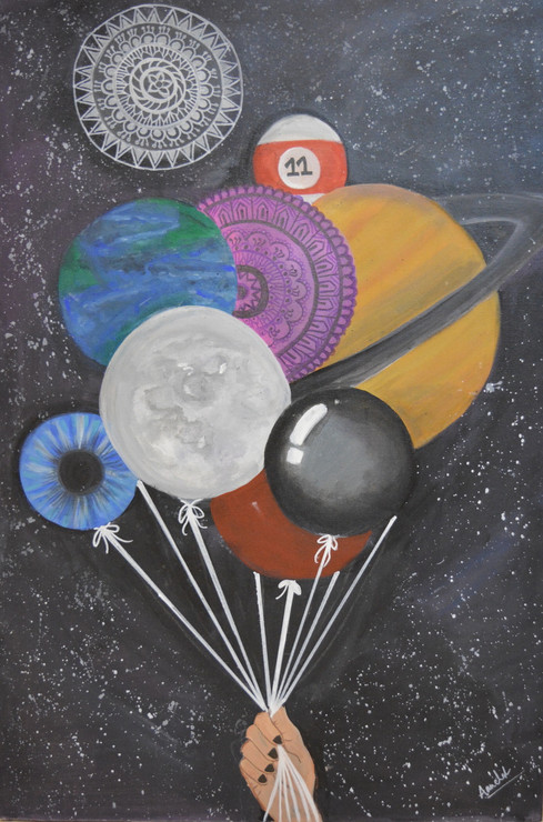 planets, mandalas, universe, space, women, stars, eyes, cirlcle, spheres,The Entire Universe In My Hands,ART_3139_21064,Artist : Aanchal Sewani,Acrylic