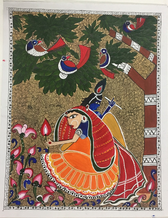 Madhubani;Krishna; Radha; Rejoice; Gardent; Birds,Hand Painted Radha Krishna Jubilation in Madhubani Styled abstract,ART_3190_21575,Artist : Anjali Gupta,Acrylic