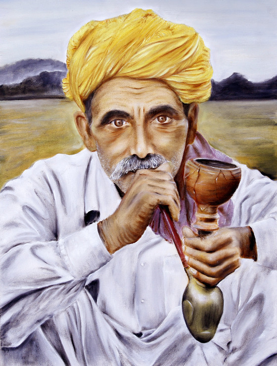 Man, Hukka, Village, Farmer, Rajsthani, Turban, Contentment, Rural,The Man with Hukka,ART_3240_21590,Artist : Anita Choubey,Oil