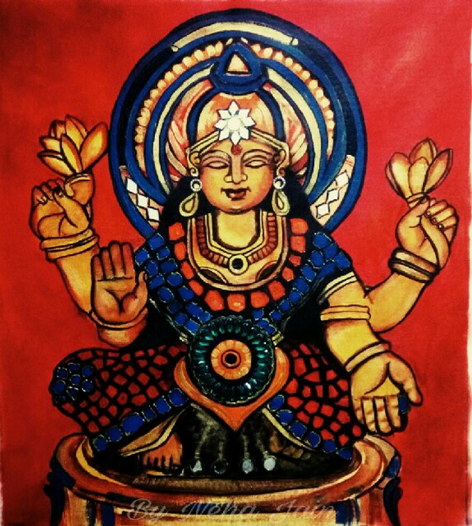 Goddess Laxmi (ART_667_21663) - Handpainted Art Painting - 20in X 22in