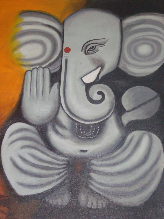 Lord Ganesha  (ART_3284_21905) - Handpainted Art Painting - 21in X 28in