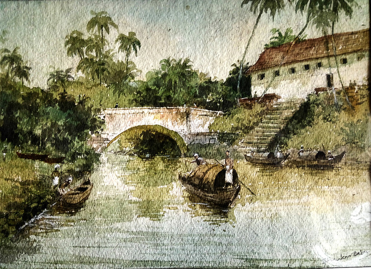 Old Kerala backwaters (ART_662_21941) - Handpainted Art Painting - 14in X 10in