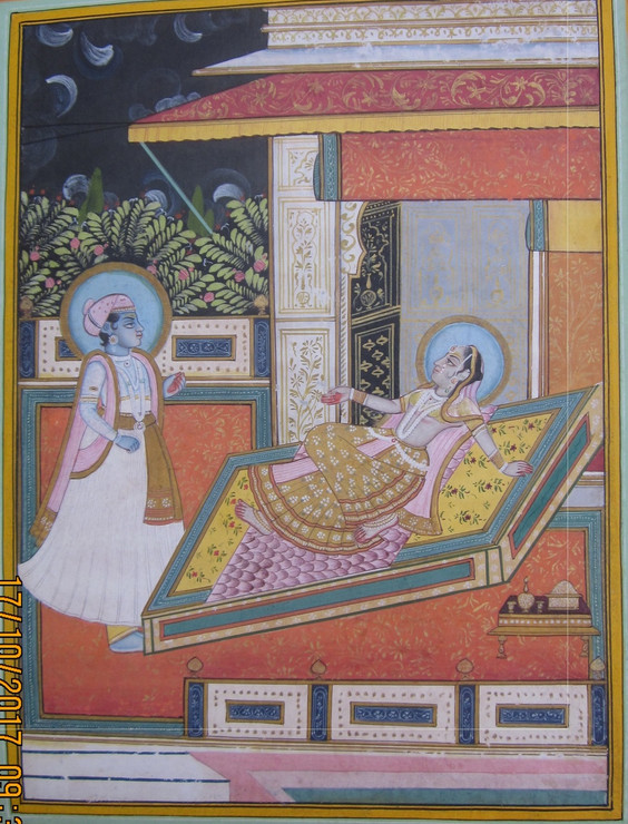 Radha in conversation with Krishna (ART_3316_22162) - Handpainted Art Painting - 5in X 7in