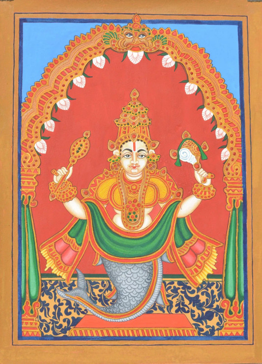 Matsya Avatar (ART_1489_22398) - Handpainted Art Painting - 11in X 15in