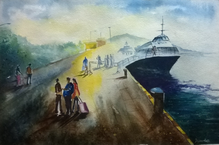 A Bright Jetty in Andaman (ART_3346_22520) - Handpainted Art Painting - 21in X 14in