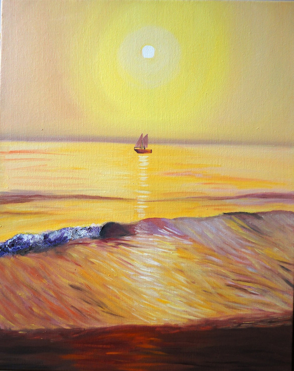 Sunset on the Beach (ART_1784_22620) - Handpainted Art Painting - 16in X 20in (Framed)