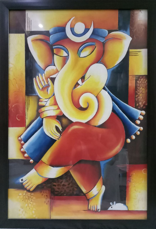 Abstract painting of Lord ganesha (ART_2794_22618) - Handpainted Art Painting - 18in X 25in (Framed)