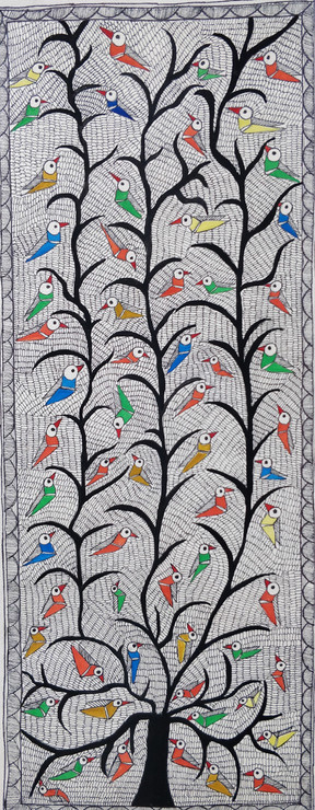 Magical Birds - Madhubani Art (ART_2399_23447) - Handpainted Art Painting - 8in X 21in