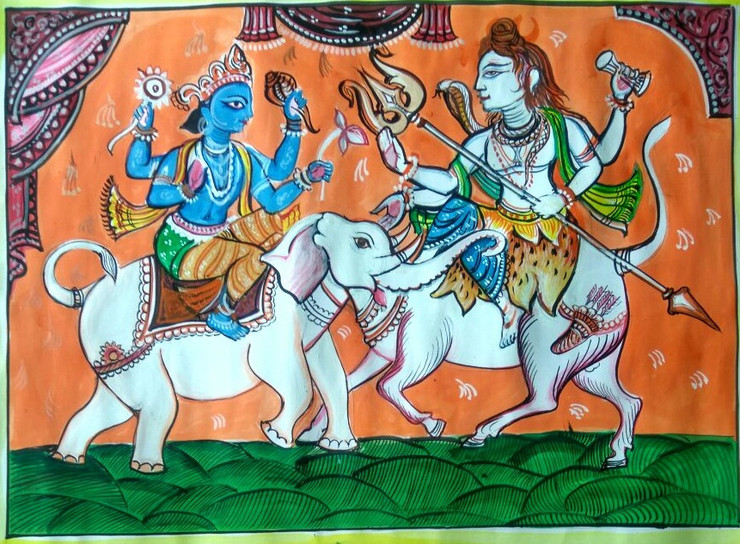 Indra-Shiv (ART_3662_23544) - Handpainted Art Painting - 18in X 12in