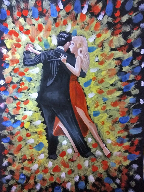 Couple Dance (ART_3586_23582) - Handpainted Art Painting - 16in X 12in