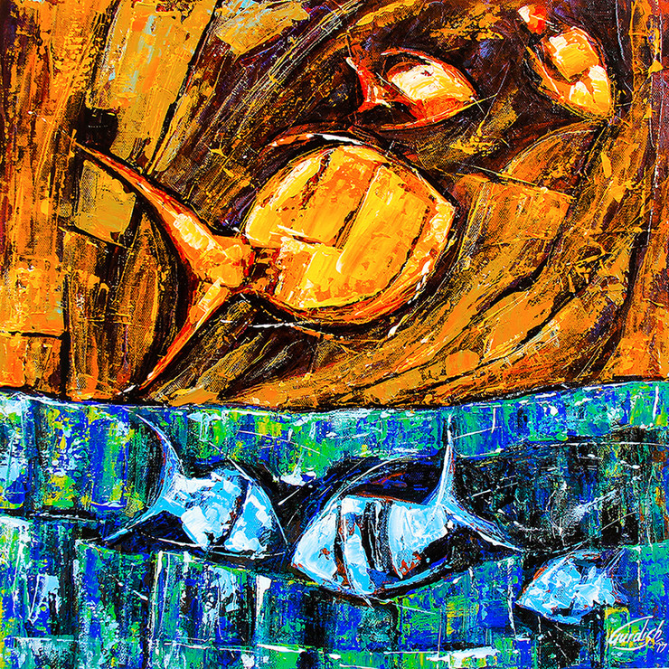 The Dancing Fishes (ART_2571_23965) - Handpainted Art Painting - 18in X 18in