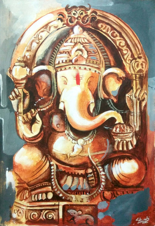 Lord Ganesha (ART_3726_23851) - Handpainted Art Painting - 11in X 16in