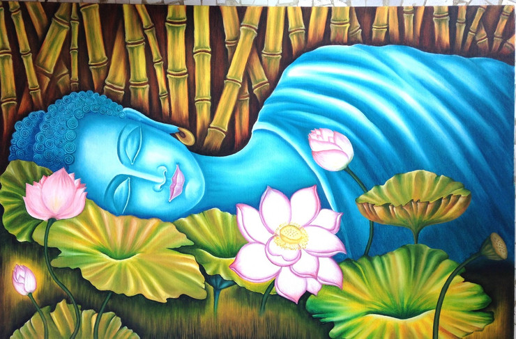 Reclining Buddha (ART_3791_24204) - Handpainted Art Painting - 36in X 26in (Framed)