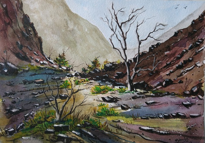 Mountains in summer (ART_3807_24304) - Handpainted Art Painting - 14in X 10in