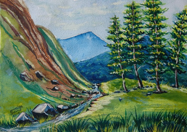 Hilly Nature (ART_3807_24302) - Handpainted Art Painting - 14in X 10in