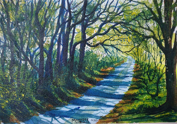 Road in green nature (ART_3807_24260) - Handpainted Art Painting - 7in X 10in