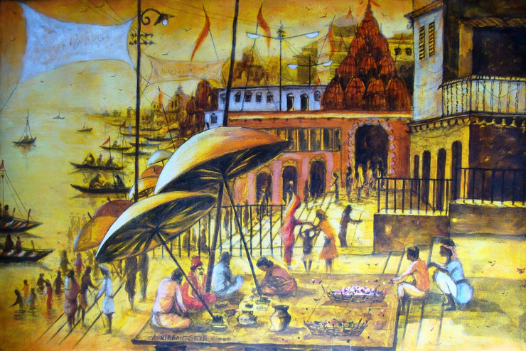 Vibrant Ghats of Varanasi  3 (ART_2874_24377) - Handpainted Art Painting - 30in X 24in