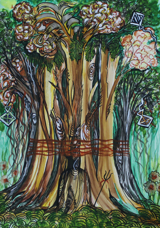 The Shiva Tree (ART_3736_24451) - Handpainted Art Painting - 12in X 16in